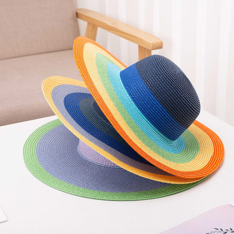 Logotipo pertsonalizatua Rainbow Stripe Floppy Straw Hat